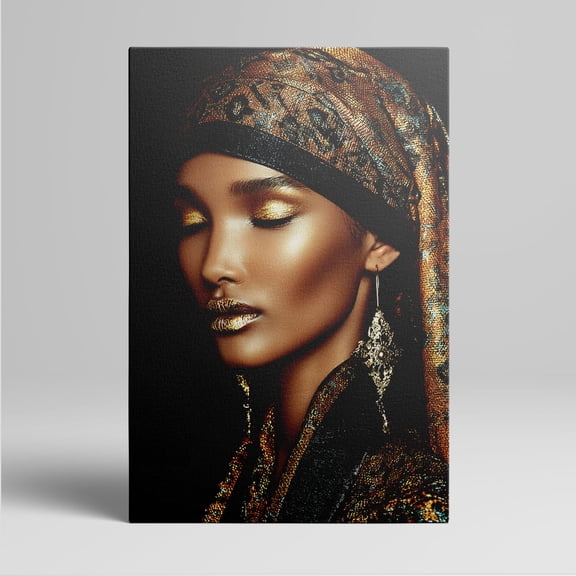1pc Stunning African - inspired Woman with Golden Makeup and Ornate Headscarf framed Decor room hanging Wall Picture Decor for Home Gifts, living room, bathroom, bedroom, kitchen wall art decor