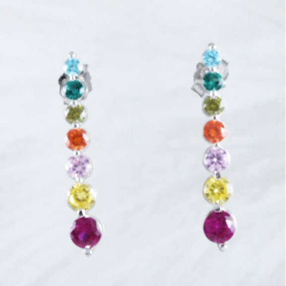 Beautiful Hawaiian Rainbow Stone Round-Cut Earring, Sterling Silver Multi-Color Stone Circle Stud Earring, E9024 Birthday Valentine Mom Gift