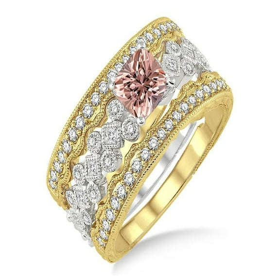 2 Carat Morganite & Diamond Antique Trio Bridal Set Engagement Ring on 10k White Gold