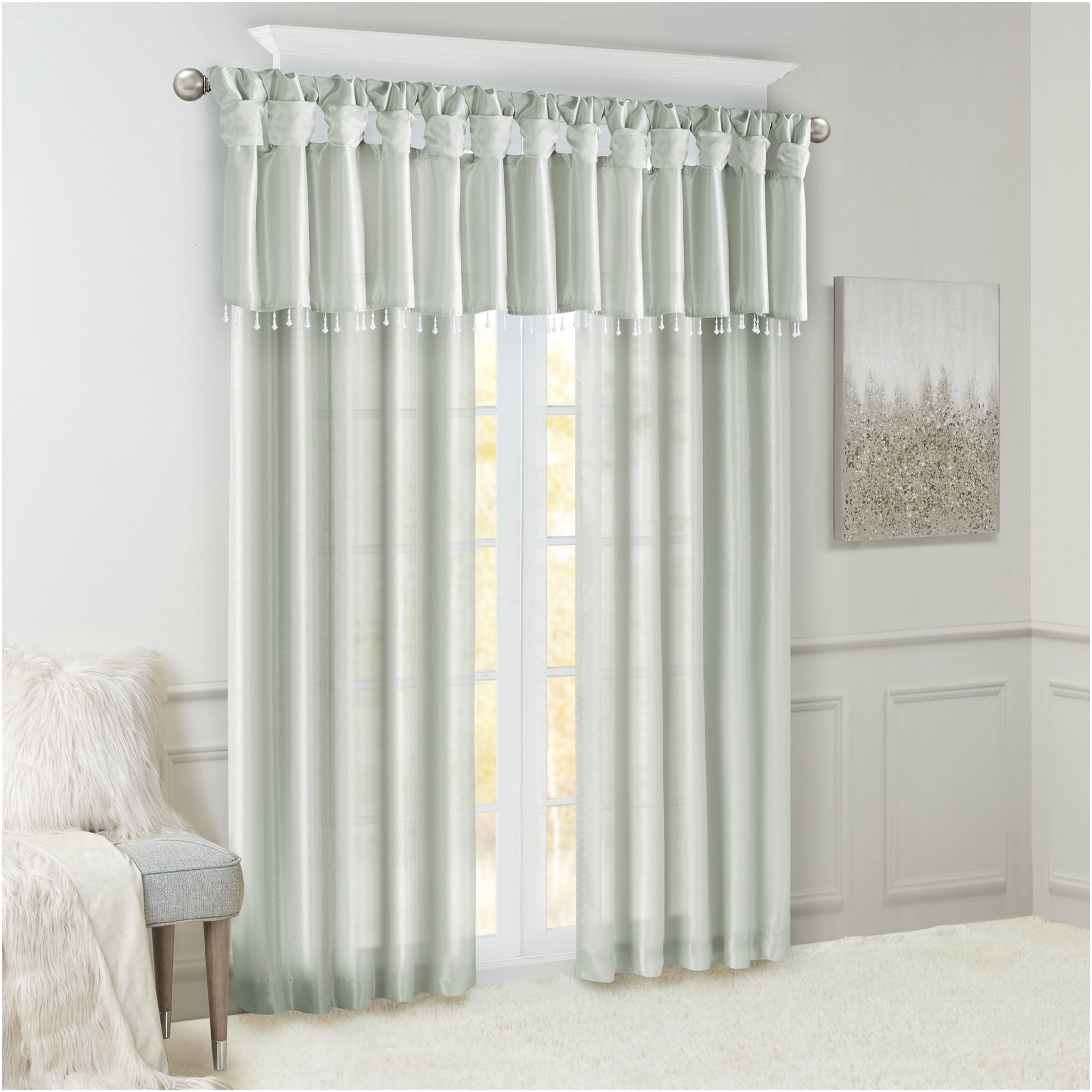 JERFIT Faux Silk Window Valance with Beaded Trim, Dusty Aqua Tab Top Curtain for Living Room, 50x26 Inches
