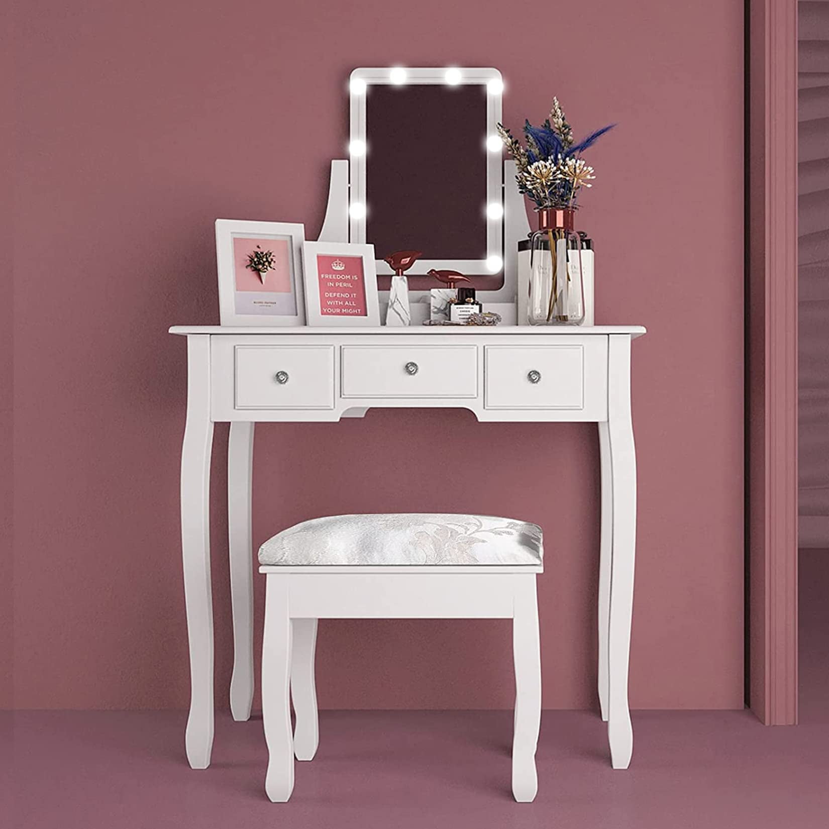 Buy Veanerwood Makeup Vanity Table With 10 Led Lights Lighted Mirror Vanity Desk With Cushioned