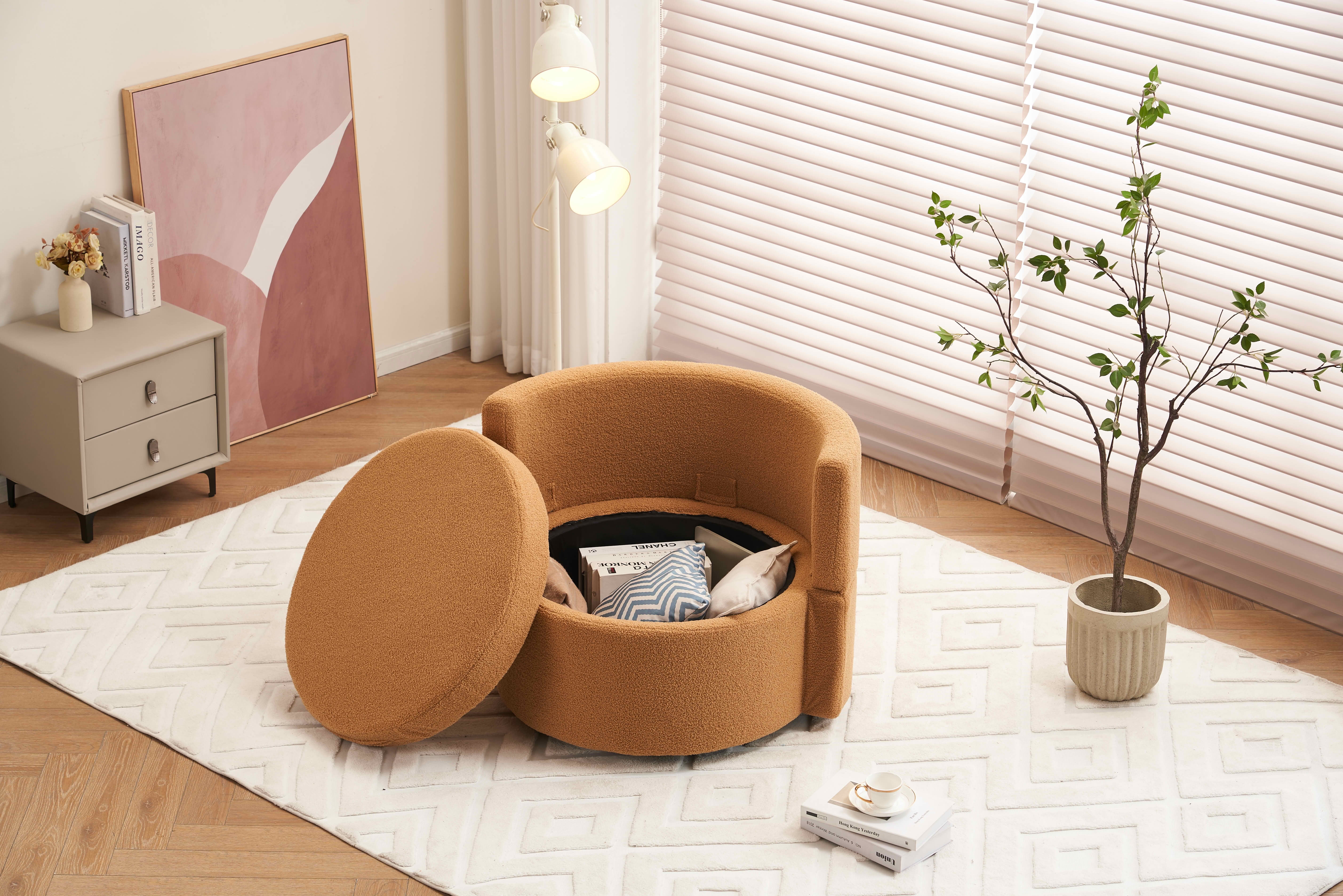 MAYEERTY Teddy Fabric Swivel & Storage Chair, with Back Cushion for Living Room, Khaki