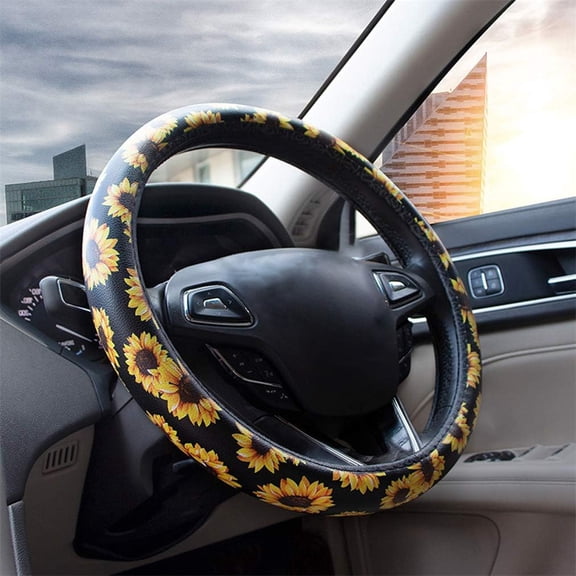 Car Steering Wheel Cover, Anti-Slip Steering Wheel Protector for Women Ladies, Universal 15 Inch, Black with Sunflower