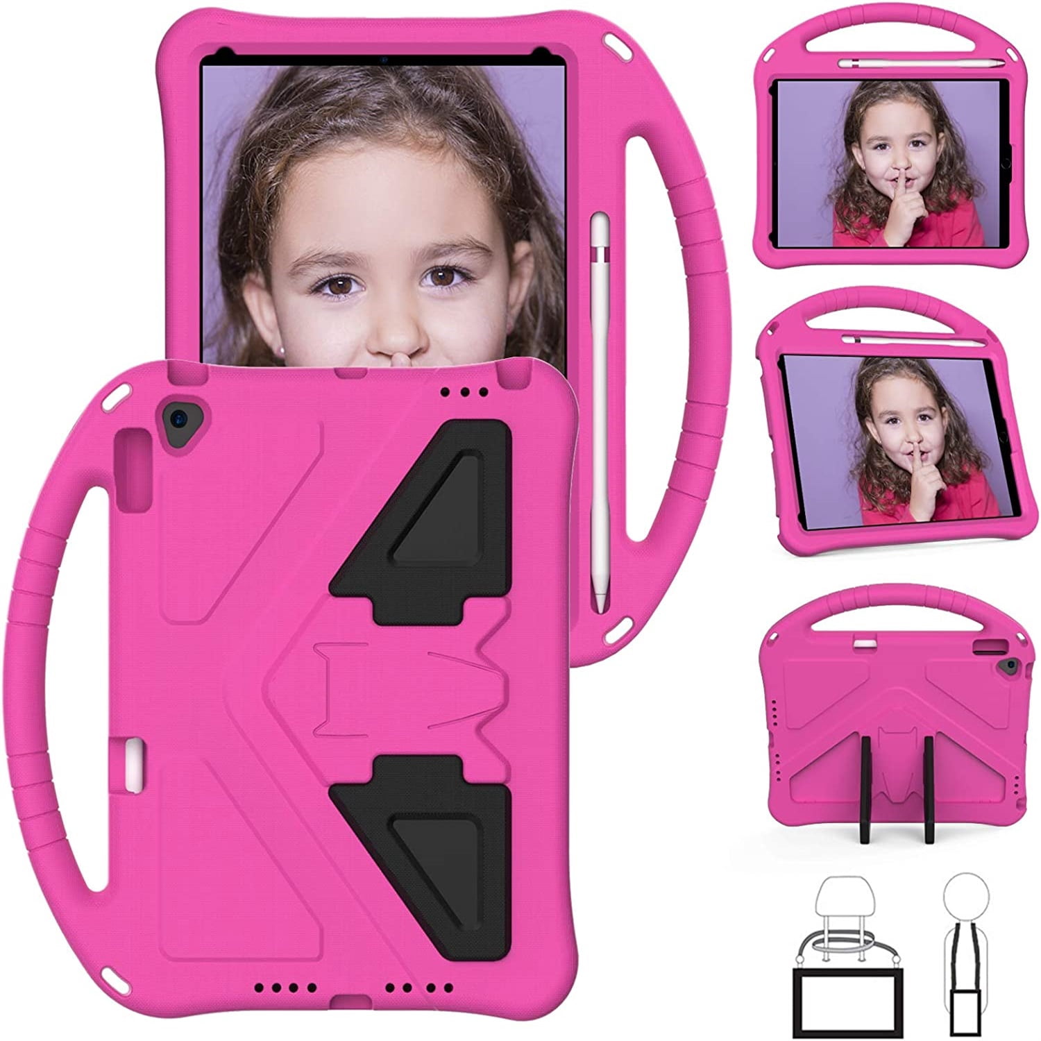 SaniMore Kids Case for iPad 10.2 2021/2020/2019, iPad 9th/8th/7th Generation Case with Pencil Holder & Screen Protector, Shock Proof Light Weight Convertible Handle Stand Kids Shell Case, Rose