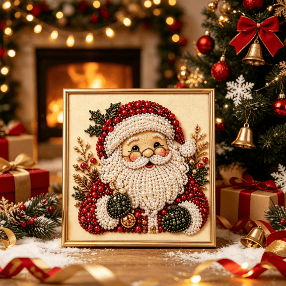 DIY Christmas Pearl Diamondd Paint-ing Kit with Frame, Santa Pearl Beads Art Craft for Adults Beginners, Gemstone Dots for Home Wall Decor