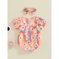 thumbnail image 5 of Musuos Newborn Girl Summer Outfit, 0-18Months Short Sleeve Crewneck Flower Print Bodysuit with Bowknot Headband 3PCS Clothes Set, 5 of 9