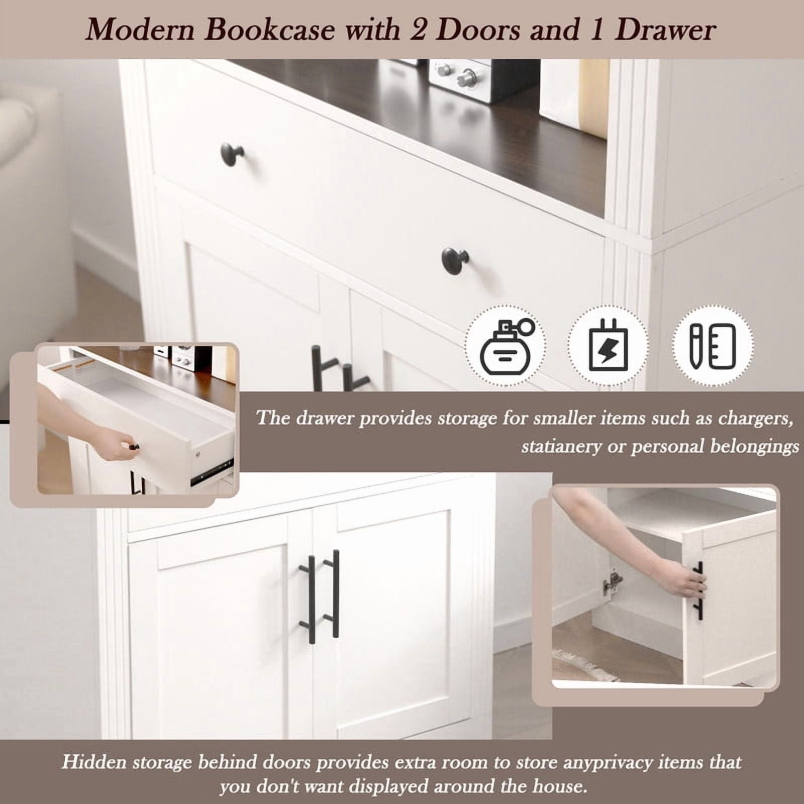 Arched Display Bookshelf with Adjustable Shelves, Kitchen Pantry Storage Cabinet with Drawer, Freestanding Cupboard
