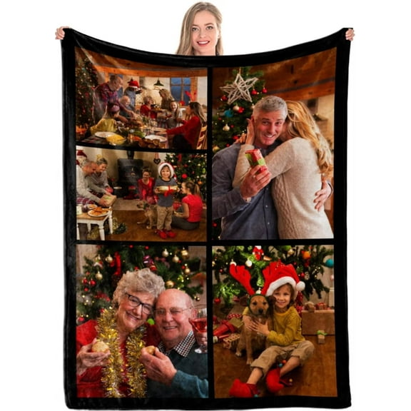 AISENIN Custom Merry Christmas 5 Photos Blanket Customized Picture Blanket Personalized Soft Fleece Blanket Merry for Him Her My Grandpa