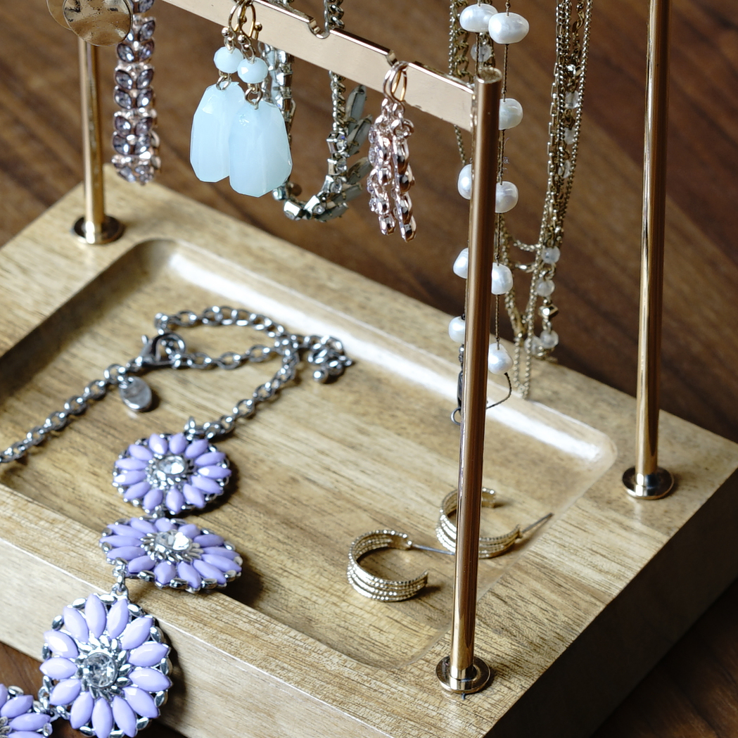 Hives and Honey Chandler 2-Tier Women's Jewelry Organizer Stand, Rose Gold Metal with Wood Base