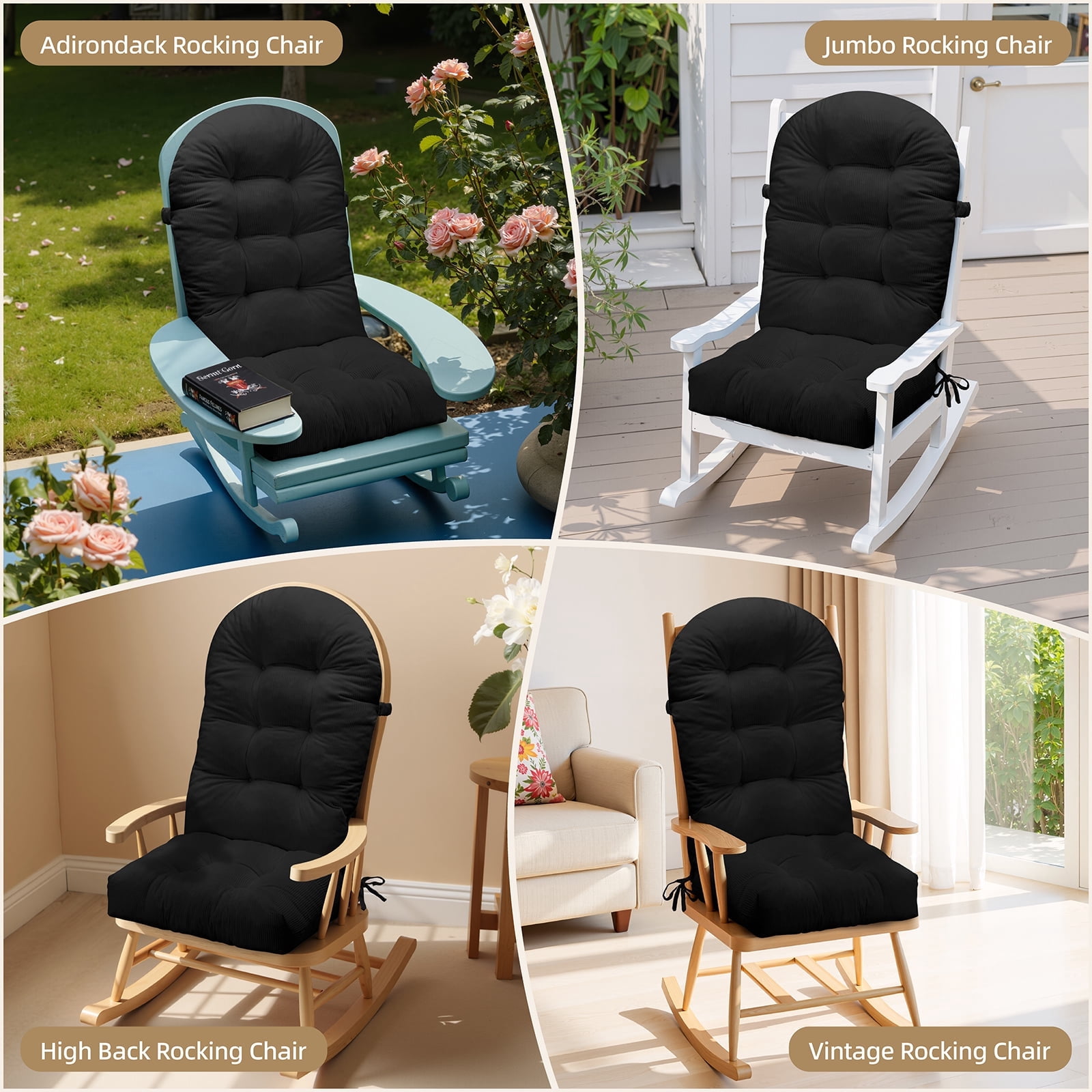 Millsilo Rocking Chair Cushion Set 44" x 19" x 4", High Back Tufted Cushion, Soft Breathable Corduroy Fabric, Non-Slip, Black