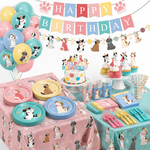 Dog Themed Birthday Party Supplies Set with Plates, Napkins, Banner and Decorations