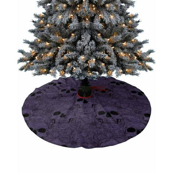 Halloween Christmas Tree Skirt 48 Inches Large Christmas Skirt Tree, Purple Black Skull Floral Botanical Tree Skirt Christmas Decorations for Fireplace Party Holidays Indoor Outdoor
