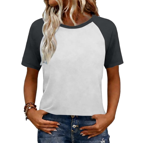 Camisetas de manga corta de verano para mujeres Moda de manga de raglan Color bloqueado cuello redondo Blusa casual Camisetas de manga corta de mujer Casual