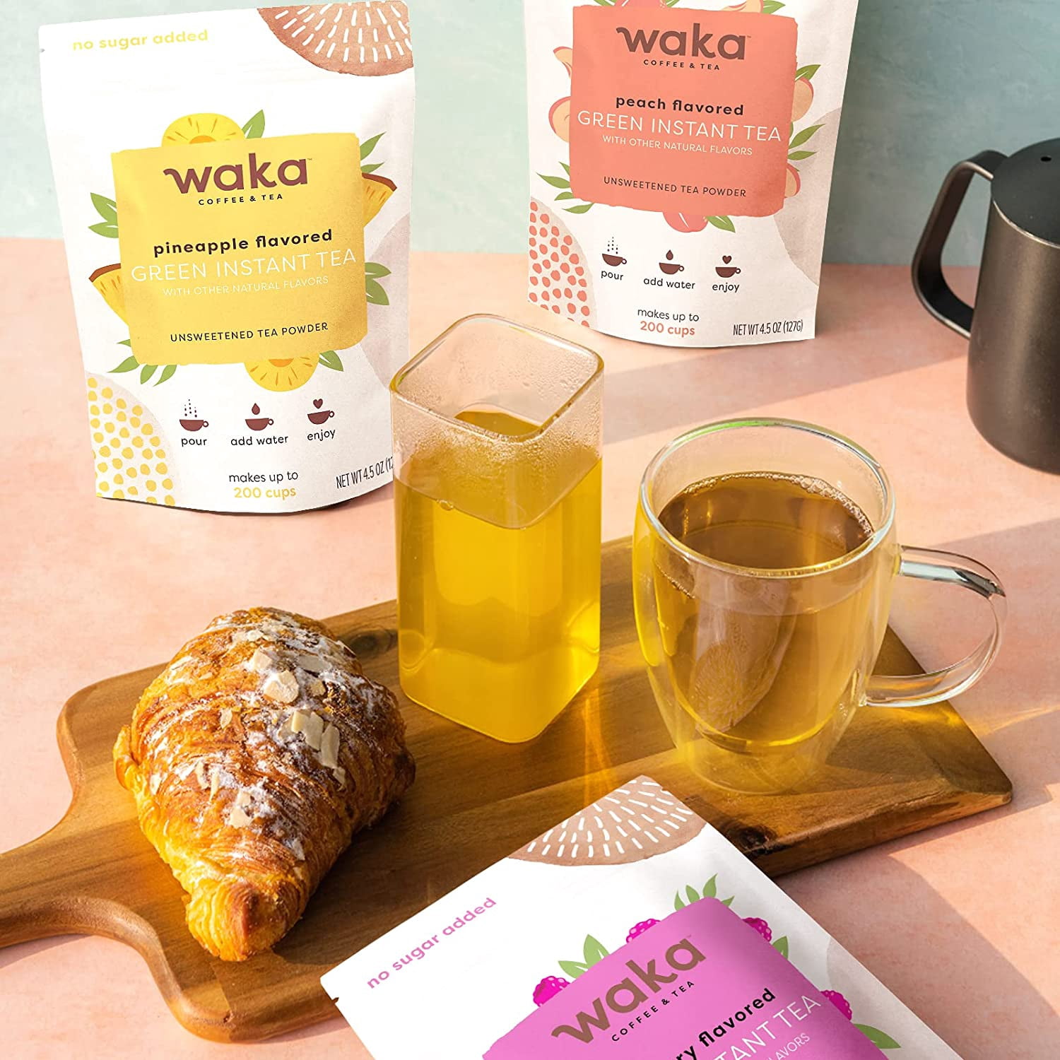 Waka Instant Tea Mix, 3 Bag Bundle - 100% Tea Leaves, No Additives, Unsweetened Tea Powders - Raspberry Flavored, Peach Flavored, Pineapple Flavored Green (4.5oz Each)