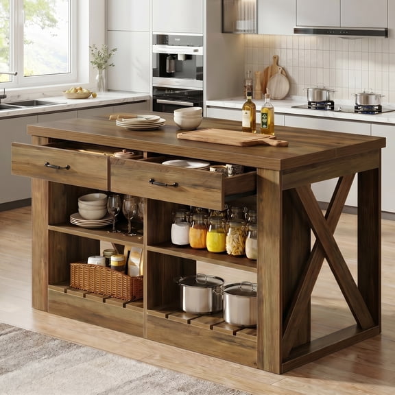 Fnova 55" Kitchen Island with Storage and Leg Room, Farmhouse Stationary Island Table with 2 Drawers & Open Shelves, Brown