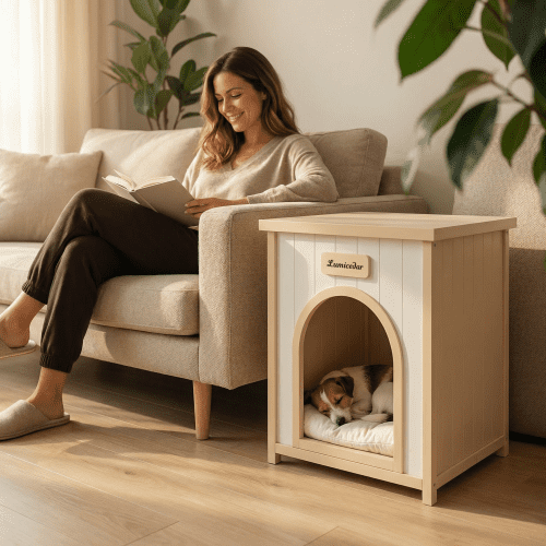Indoor Wooden Dog House for Small Dogs and Cats Solid Cedar Pet House with Removable Cushion Scandinavian Design, Cream White,Light Yellow