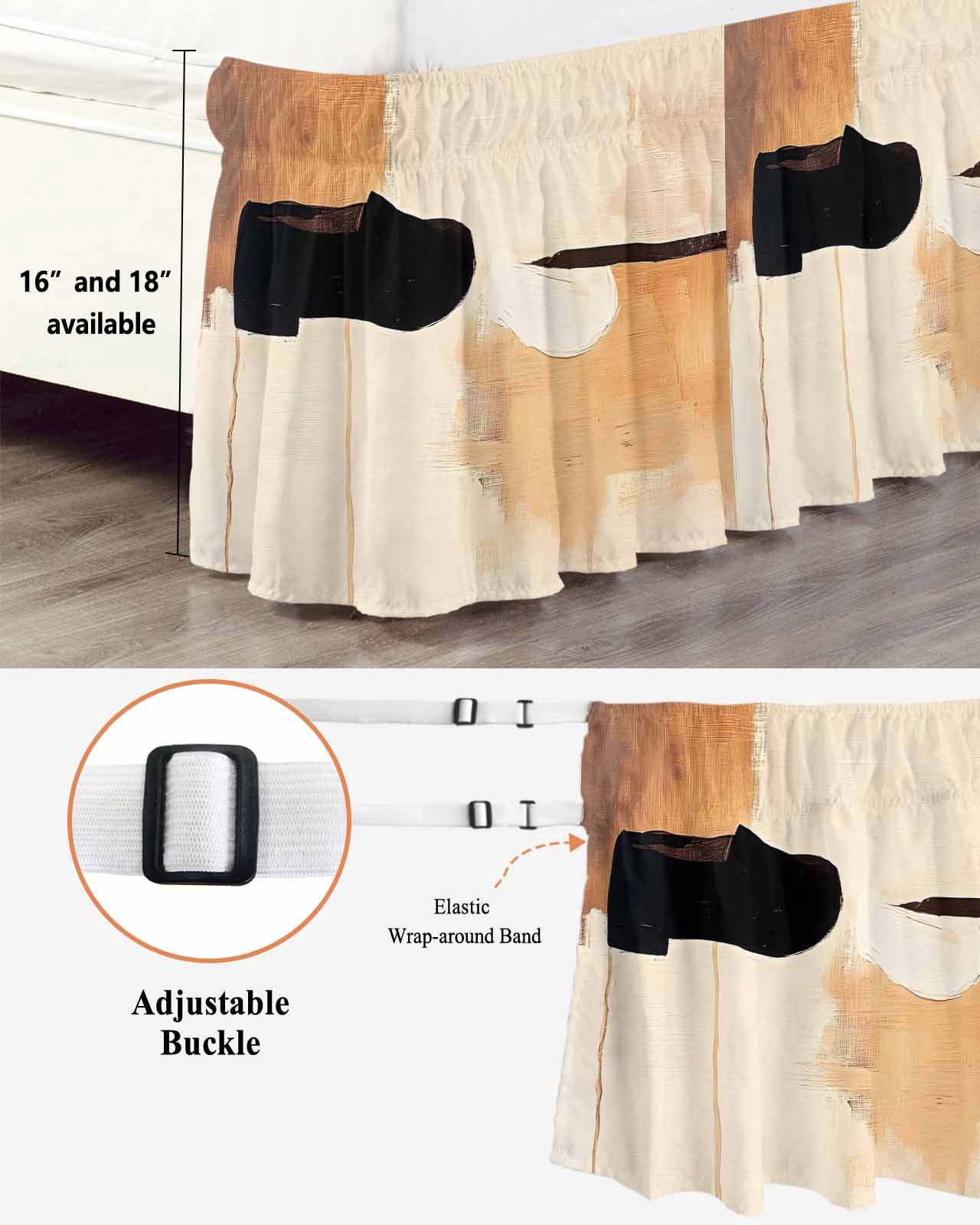 Beige Black Ruffle Bed Skirt California King Size Abstract Art Mottled Graffiti Color Block Modern Adjustable Elastic Dust Bed Skirts Wrap Around Bedskirt Wrinkle Free Easy Fit with 18 Inch Drop