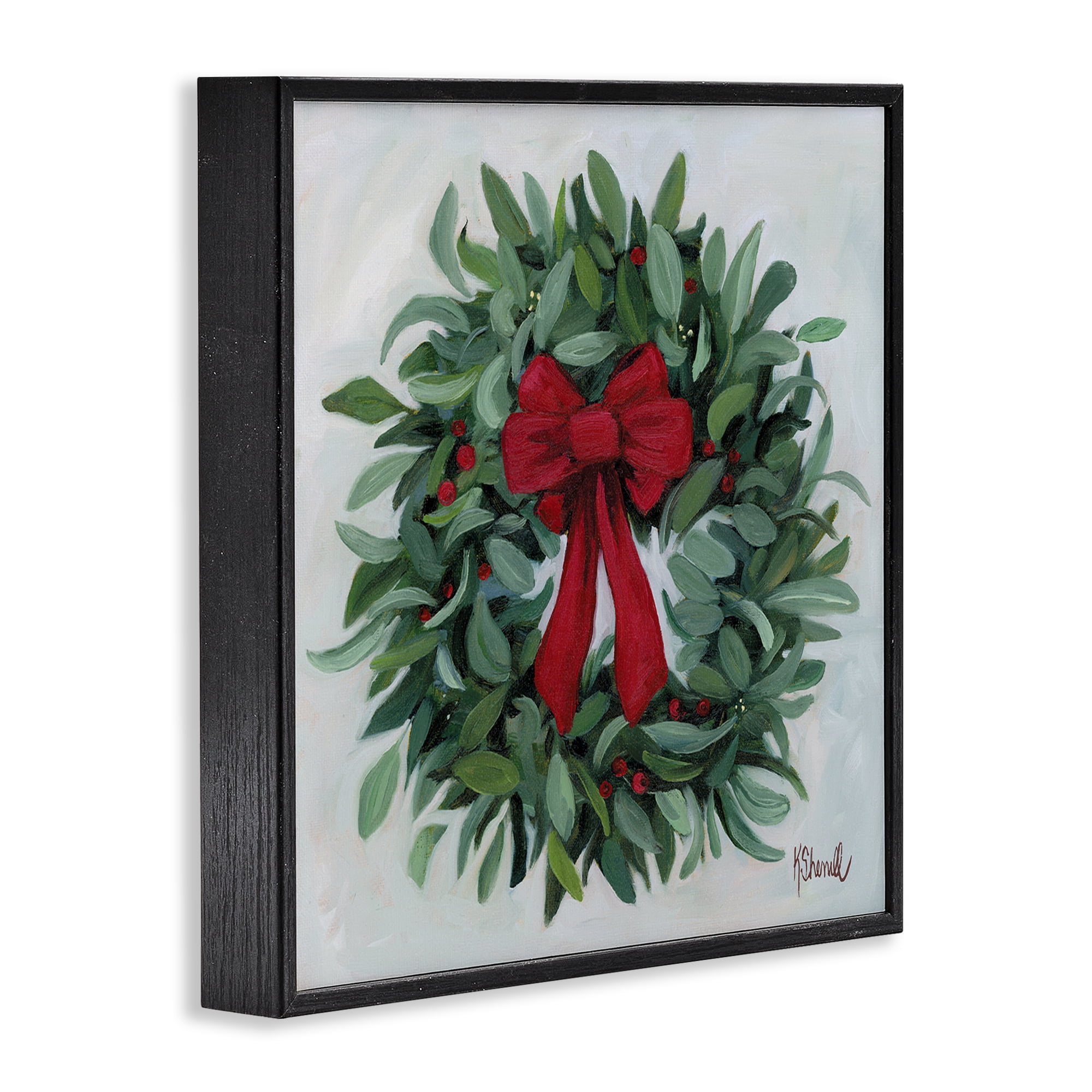 Stupell Industries Wreath with Red Bow Holiday Painting Black Framed Art Prints Wall Art, 17 x 17