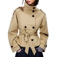 thumbnail image 1 of Gabardina corta con doble botonadura para mujer, cuello alto, chamarra de otoño e invierno, traje moderno con cinturón, 1 of 3