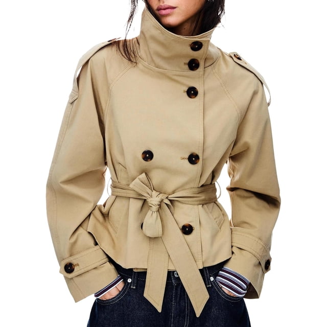 Gabardina corta con doble botonadura para mujer, cuello alto, chamarra de otoño e invierno, traje moderno con cinturón