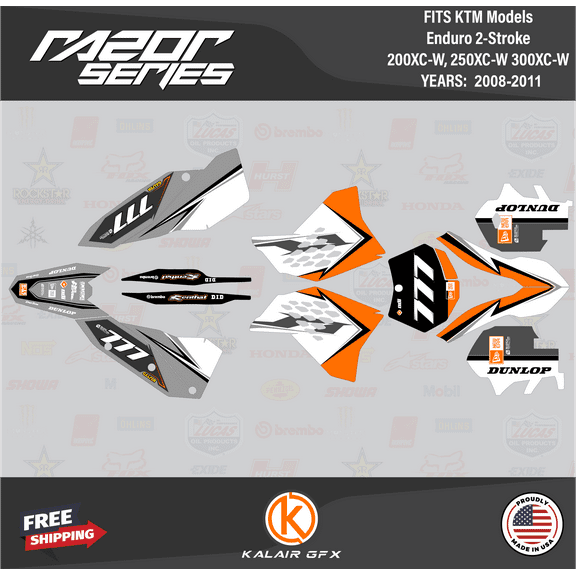 Kalair GFX Graphics Kit for Ktm ENDURO 2-STROKE 200 XC-W, 250 XC-W, and 300 XC-W (2008-2011) Razor Series