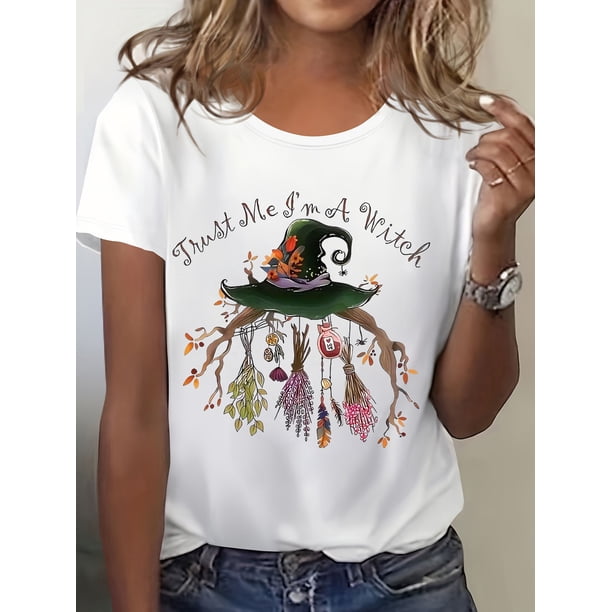 Halloween T-shirt - Women'S Witch-Themed Graphic Tee - "Trust Me, i'm a Witch" Print with Hat, Broom, and Herbs Design, Casual Crew Neck Short Sleeve T-Shirt for all Seasons, Witches apparel