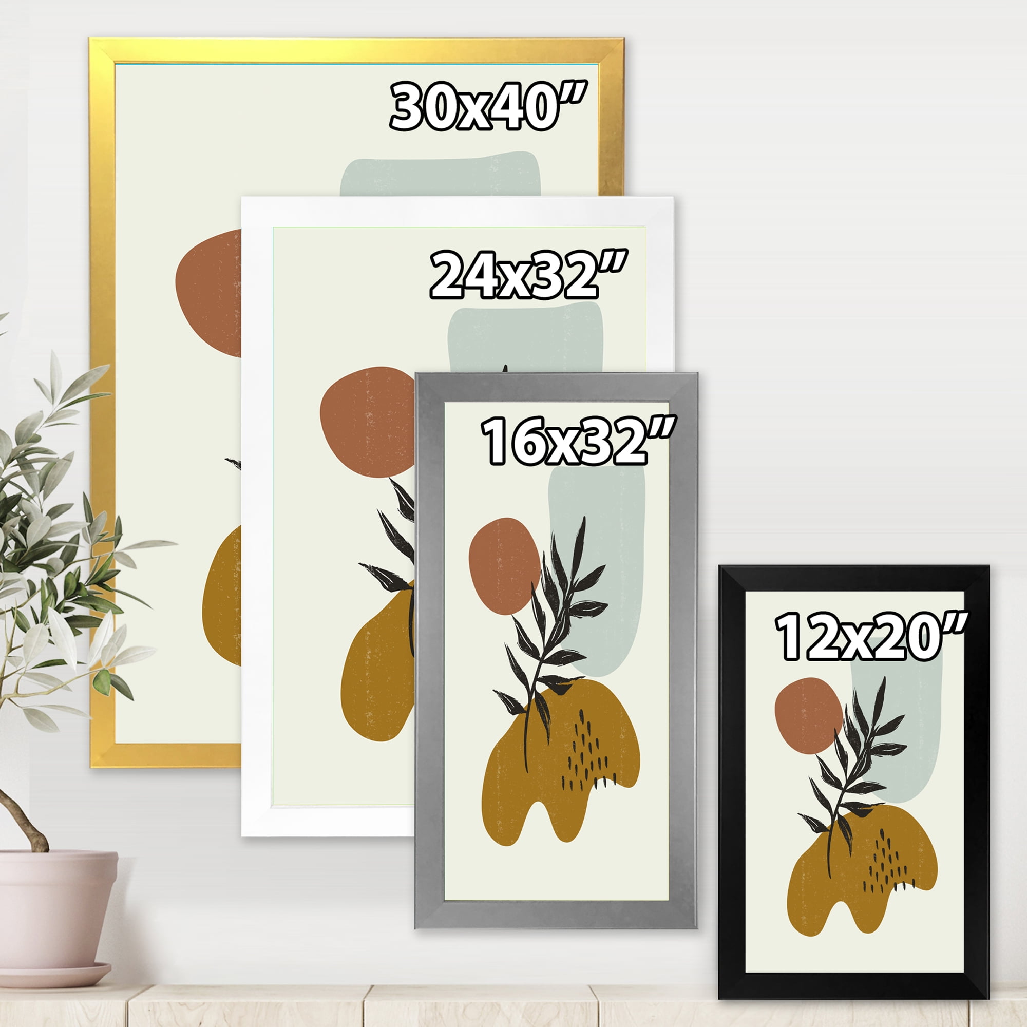 Designart 'Abstract Shapes With Botanical Minimalist Leaf II' Modern Framed Art Print
