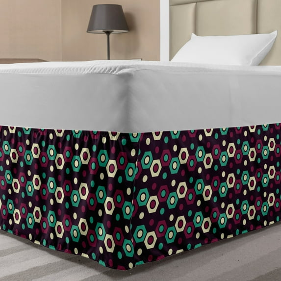 Geometric Bed Skirt, Colorful Modern Pattern with Rounds and Hexagons, Elastic Bedskirt Dust Ruffle Wrap Around for Bedding Decor, 4 Sizes, Mauve Multicolor, by Ambesonne