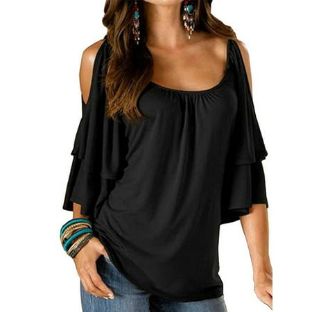 - JustVH Women's Cold Shoulder Ruffle Sleeve Loose Stretch Tops Tunic Blouse Shirt