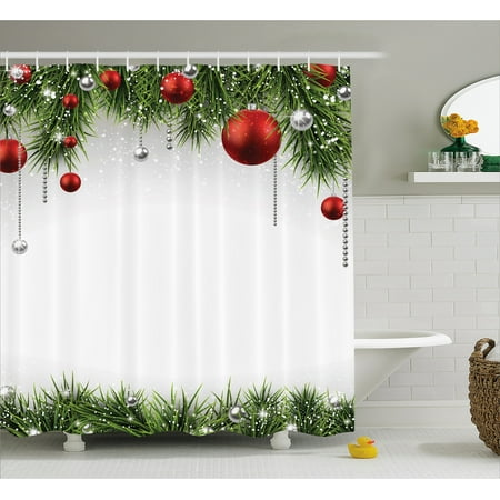christmas shower curtain classical christmas ornaments and baubles coniferous pine tree twig tinsel print fabric bathroom set with hooks green red - Classical Christmas christmas shower curtain classical christmas ornaments and baubles coniferous pine tree twig tinsel print fabric bathroom set with hooks green red - Classical Christmas