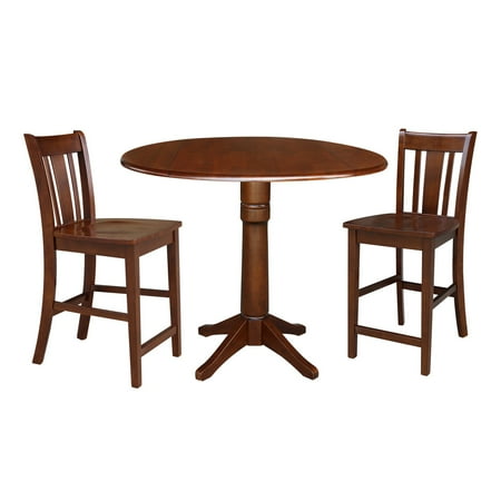 3-piece Solid Wood Counter Height Dining Set with 42 Round Pedestal Table and 2 Slat Back Stools in Espresso by International Concepts