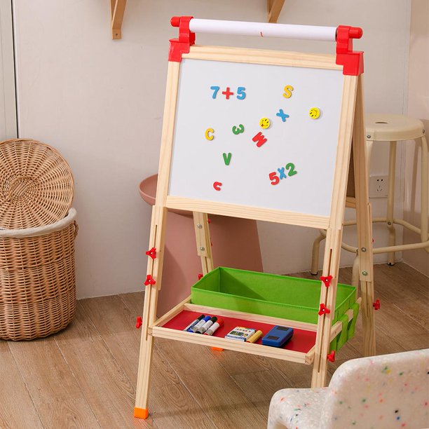 Kids Art Easel,Whiteboard and Chalkboard Easel for Kids, Wooden