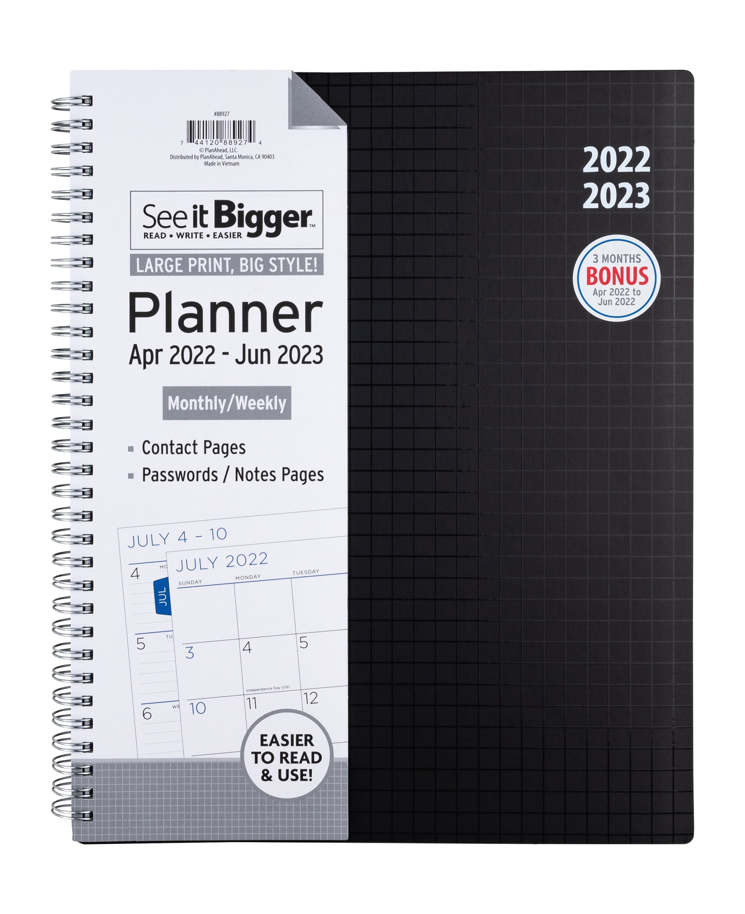 See It Bigger Monthly/Weekly Planner, April 2022-June 2023, 9.75' x 11', Black