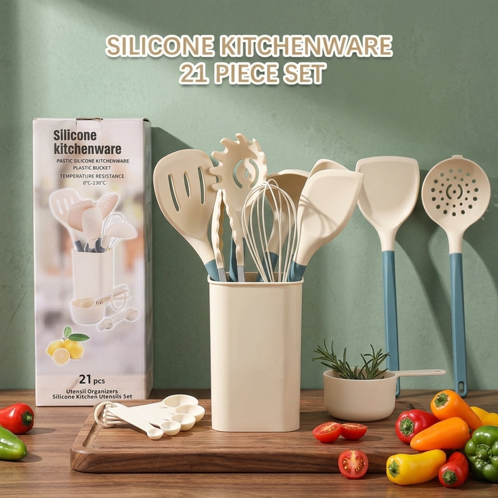 Fenbeli 21-Piece Silicone Kitchen Utensil Set for Nonstick Cookware, Heat-Resistant Cooking Tools with Countertop Holder, Blue