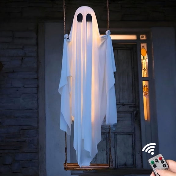 45" Swinging Ghost Outdoor Decor Swing Ghost Light up Ghost on a Swing Halloween Decoration Hanging Remote Control Lights Pre-Assembled Porch Yard Tree Garden