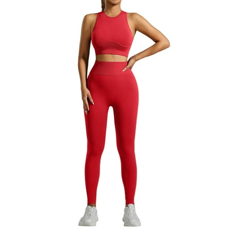 XDDLITP Workout Sets for Women Two Piece Padded Stretchy Ribbed Sports Bra Sets Matching High Waist Leggings Sets Gym Work Out Outfits Clothes Red L