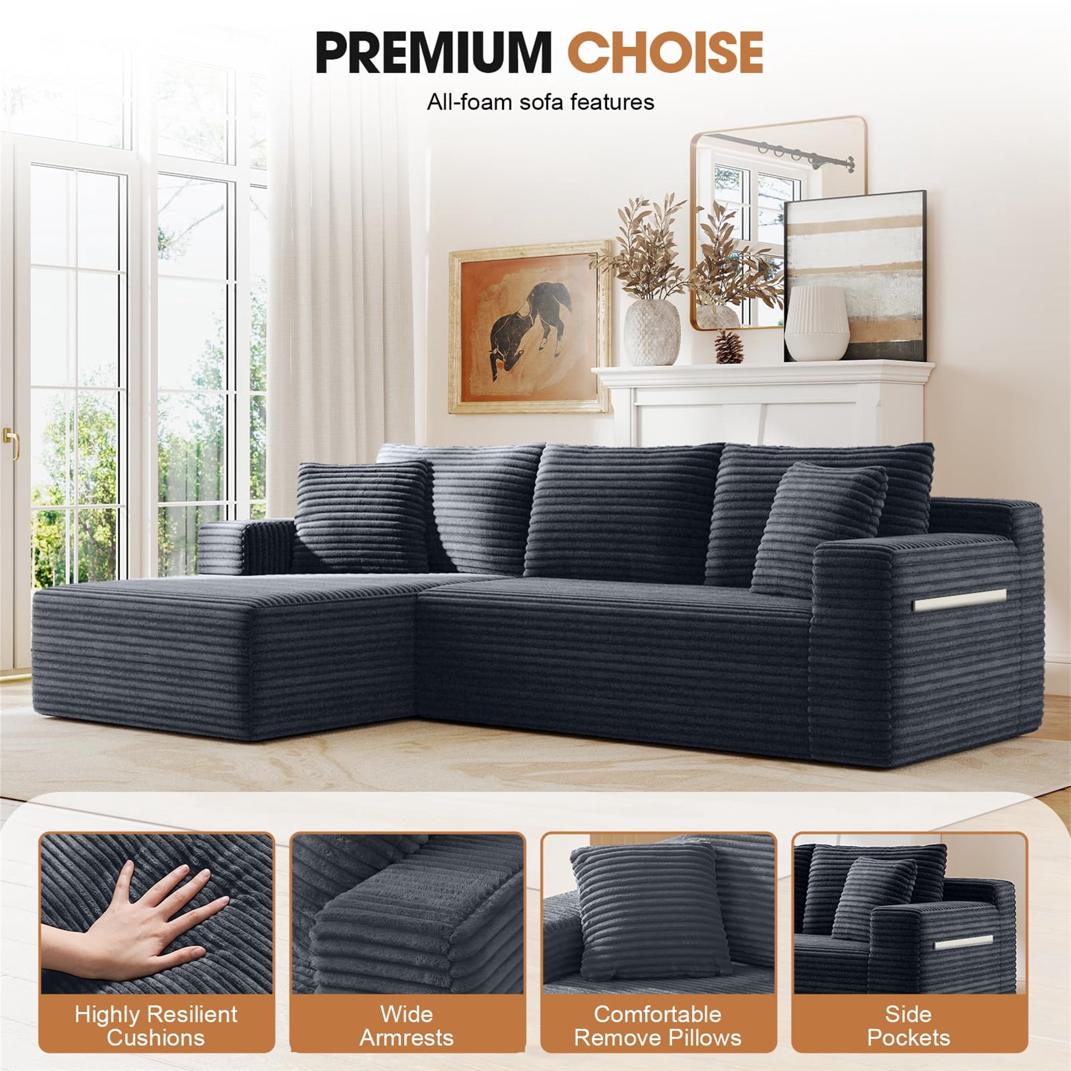Aukfa 96" Cloud Sectional Sofa Deep Seat Boneless Couch Modular L-Shaped Couch, Left Chaise Corduroy Sofa for Living Room, Dark Gray