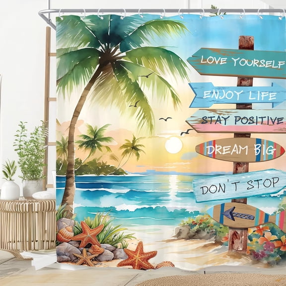 Ocean Beach Tropical Shower Curtain for Bathroom Decor 72Wx72H Nautical Sun Positive Quotes Starfish Coastal Sunset Palm Tree Art Printed Fabric Polyester Waterproof 12 Pack Plastic Hooks