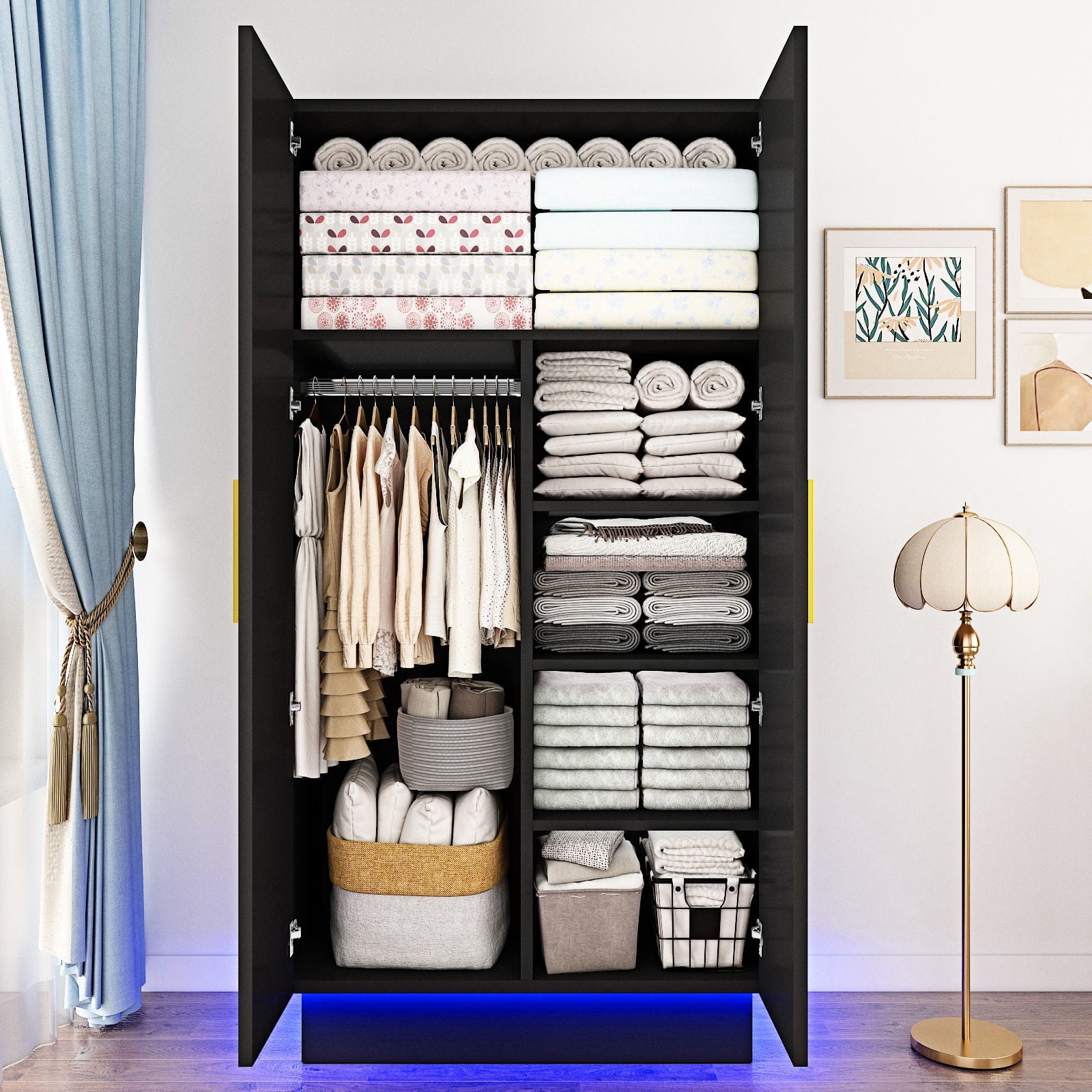 Blotout 70" Armoire Wardrobe Closet with LED Lights, Modern 2 Doors Adult Wood Closet Storage Cabinet with Hanging Rod&RGB LED 6000 Color Lights/5-Tier Storage Shelves
