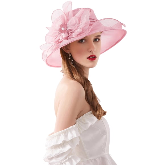 RZTA Sombrero de vestir de iglesia Kentucky Derby para mujer, ala ancha, flor de hoja, sombrero de despedida de soltera