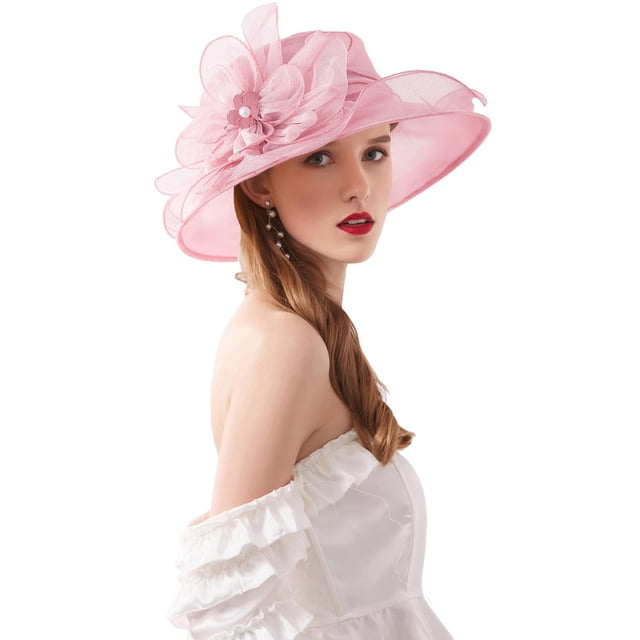 RZTA Sombrero de vestir de iglesia Kentucky Derby para mujer, ala ancha, flor de hoja, sombrero de despedida de soltera