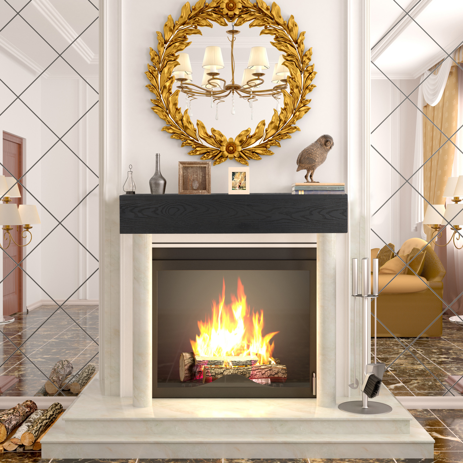 48 Inch Western Red Cedar Fireplace Mantel with Embossed Design Wall Mounted Floating Shelf for Rustic Farmhouse Living Room Decor
