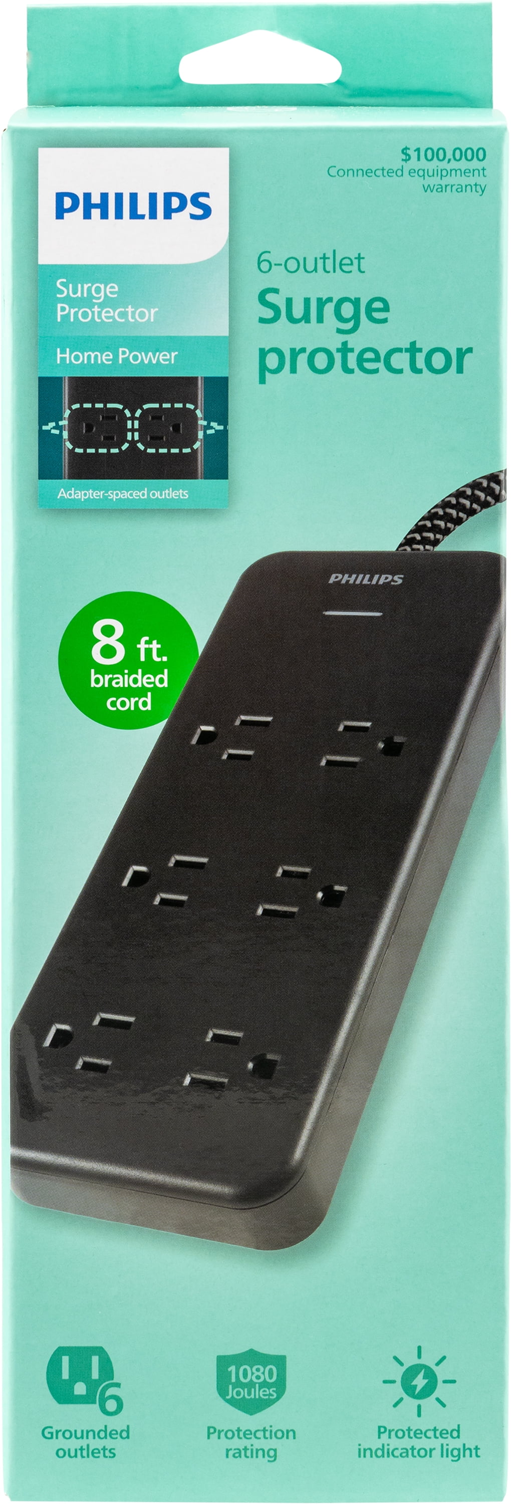 Philips Adapt 6-Outlet Surge Protector Power Strip, 8ft Braided Cord, Black