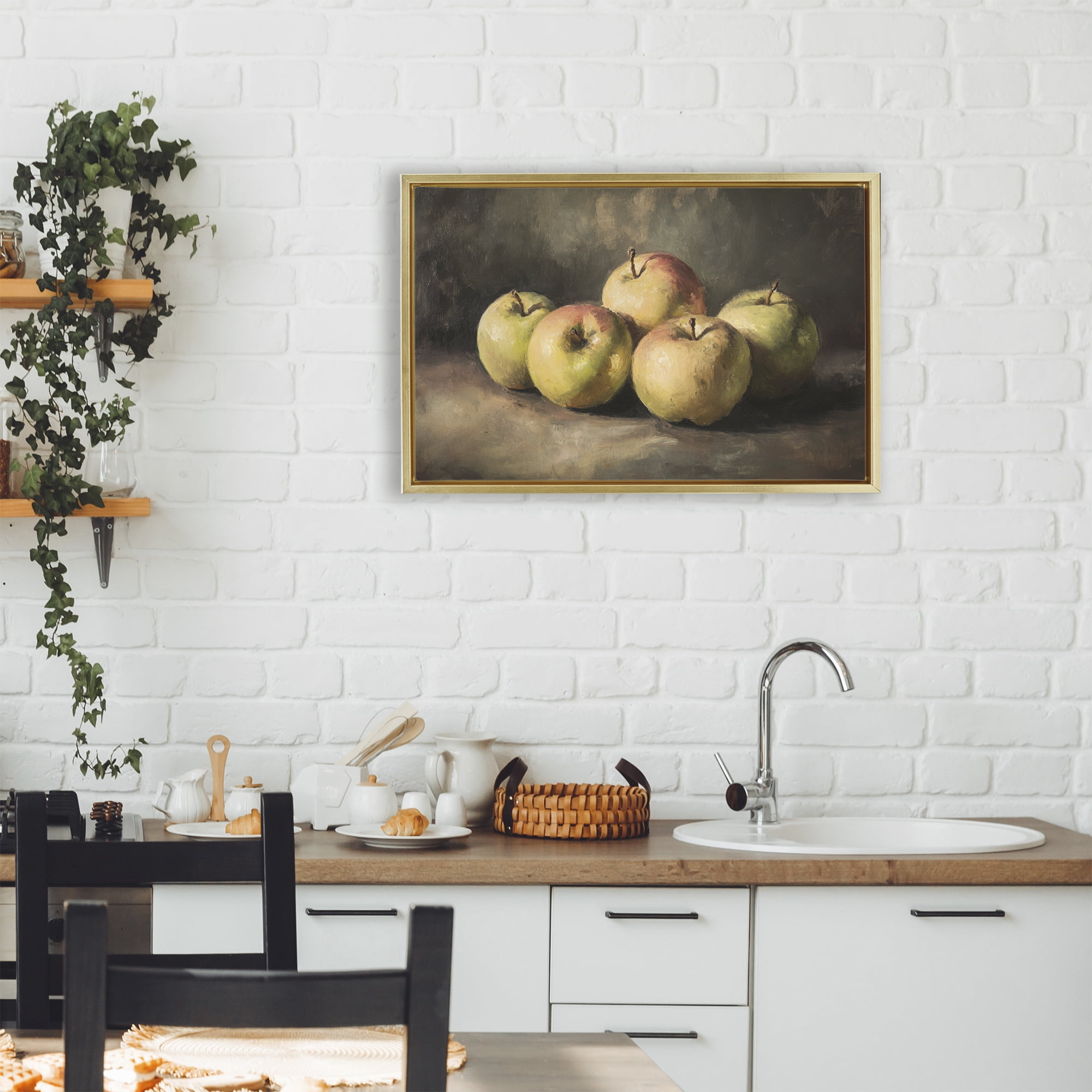 Stupell Industries Apples in Soft Shadow Gold Framed Floater Canvas Wall Art, design by Petal Prints Design