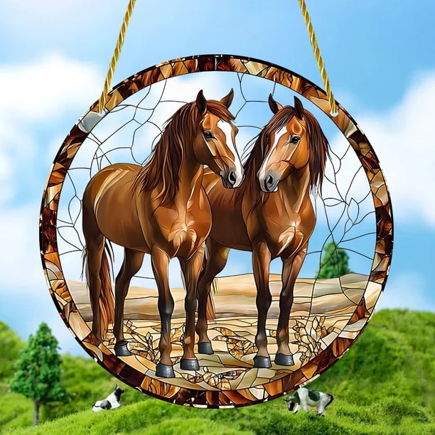 pstuiky Adorno colgante de disco acrílico plano 2D con forma de caballo de crin roja del desierto para ventana o porche exterior.