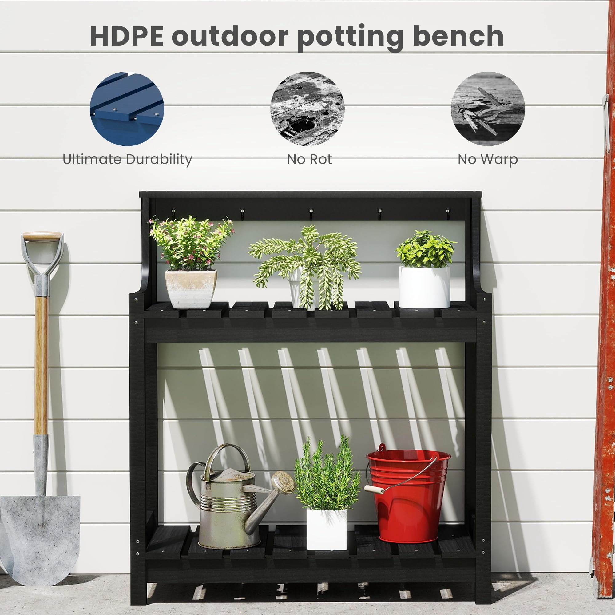 Potting Benches for Outside, HDPE Garden Potting Table All Weather, Outdoor Potting Table with Storage for Patio, Backyard, Garden, Black