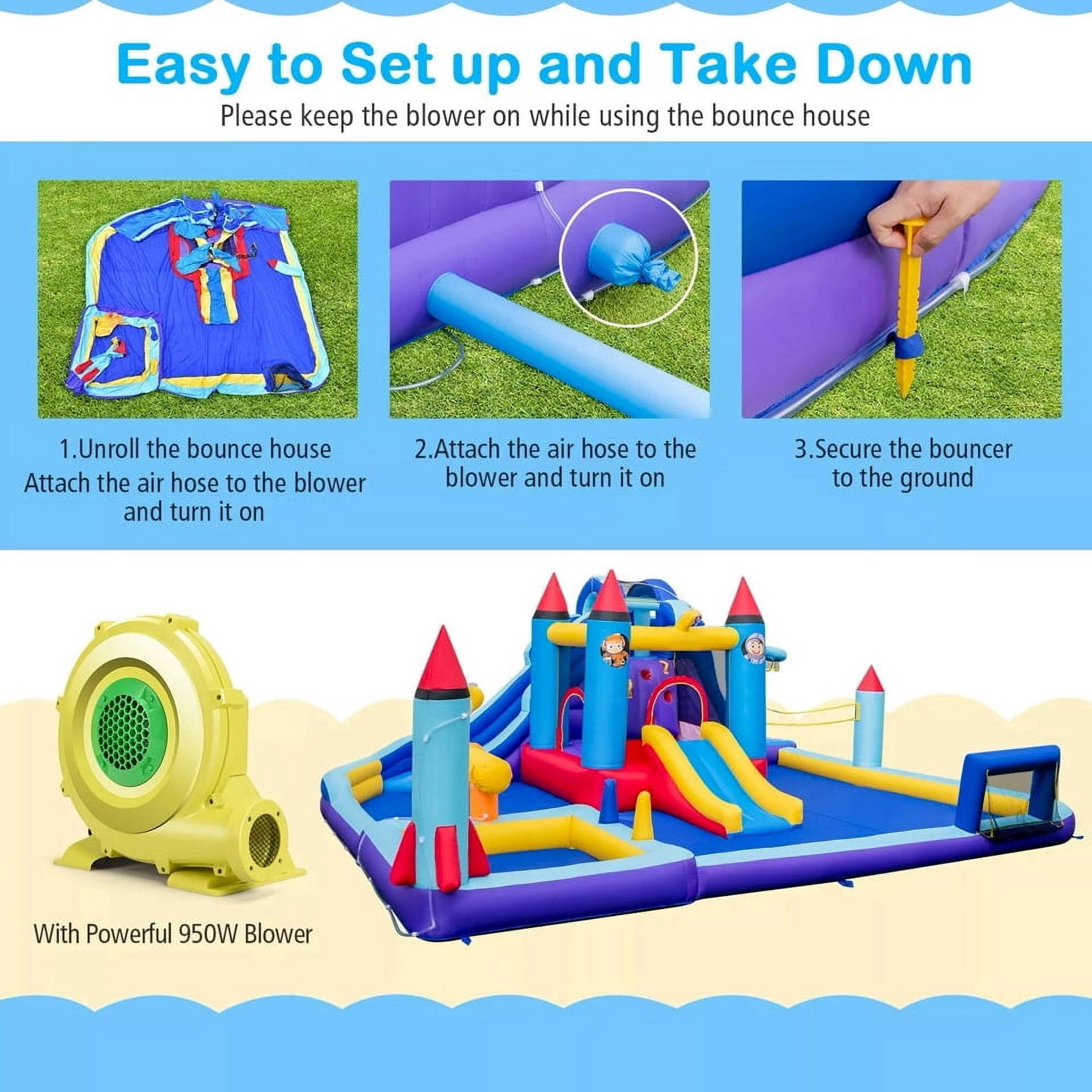 Auranook Rocket Theme Inflatable Water Slide Park w/ 950W Blower 2 Slides Splash Pool