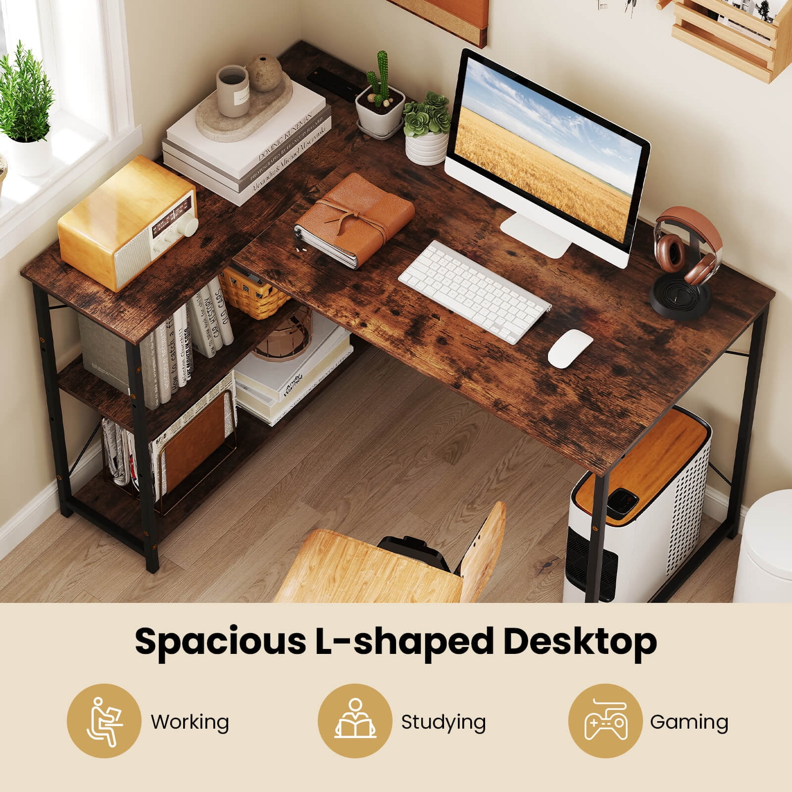 Costway L-Shaped Computer Desk with Power Outlets Adjustable shelf Heavy-Duty Metal Frame Brown