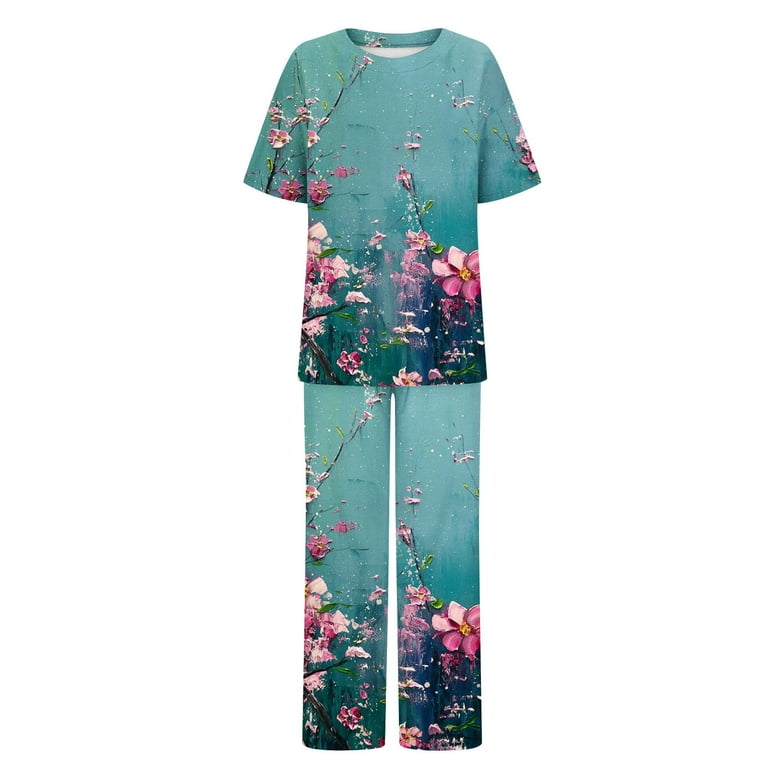 2 Piece Outfits for Women Plus Size Fashion Floral Print Short Sleeve  Oversized T Shirts Wide Leg Pants Lounge Sets 