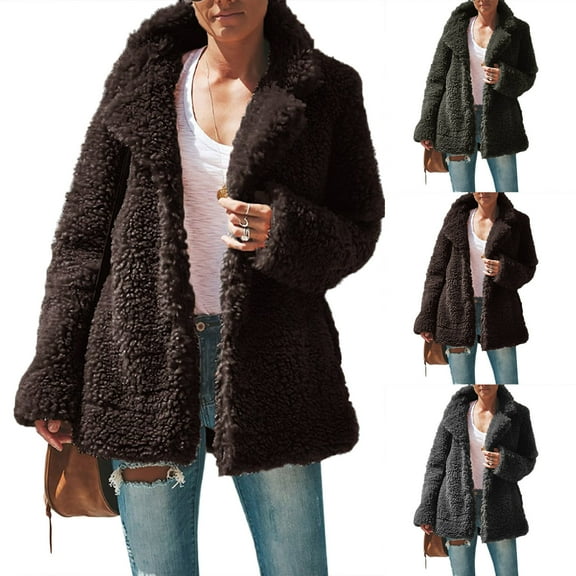BiZtdJrK Fuzzy Fleece Jackets for Women Casual Open Front Long Sleeve Cardigans Fall Winter Warm Teddy Jacket Solid Color Going Out Plush Coat Prime By Hour Coffee L